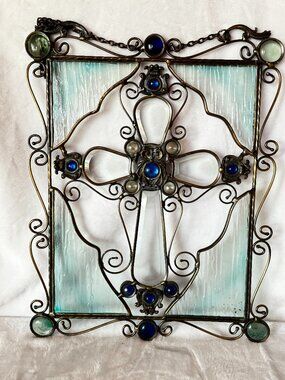 Vtg Gothic Cross Hanging Stained Glass Panel 14x11" Suncatcher Wall Religious